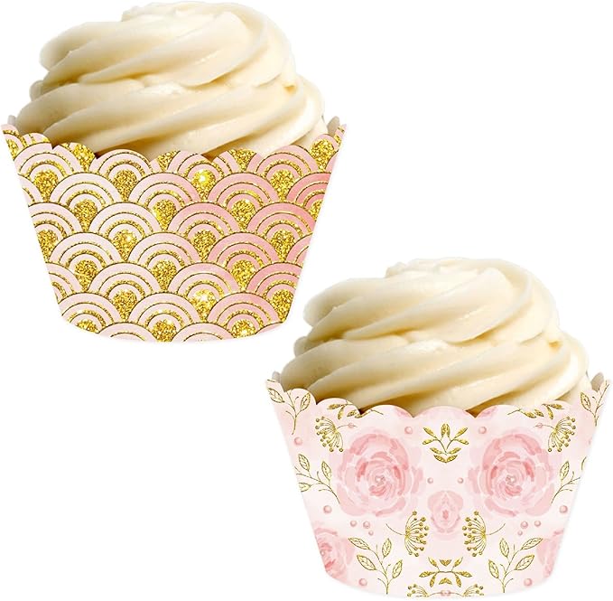 Andaz Press Party Cupcake Wrapper Decorations, Pink Roses and Blush Pink and Gold Design, 24-Pack, Theme Colored Bulk Cake Supplies