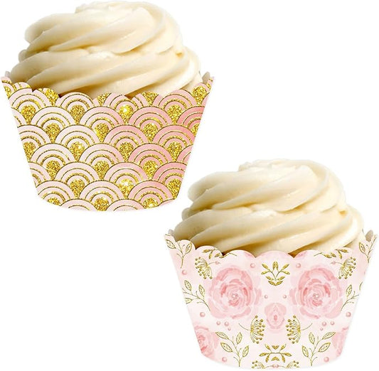 Andaz Press Party Cupcake Wrapper Decorations, Pink Roses and Blush Pink and Gold Design, 24-Pack, Theme Colored Bulk Cake Supplies