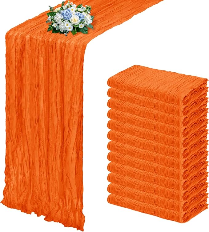12 Pack Orange Cheesecloth Table Runner 17x108 Inch Semi Sheer Boho Gauze Cheese Cloth Fabric Table Runners, for Wedding Party Baby Shower Birthday Home Decor Garden Farmhouse