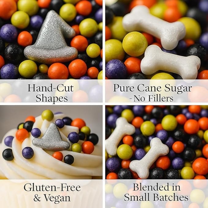 Confect Halloween Edible Sprinkles Bottle | Spooky Cake Decorations for Halloween Cupcakes, Cookies, Treats | Festive Sprinkle Mix for Baking – Witch, Ghost, Pumpkin Shapes – 4.2 Oz (HLWNBOX-BT-10)