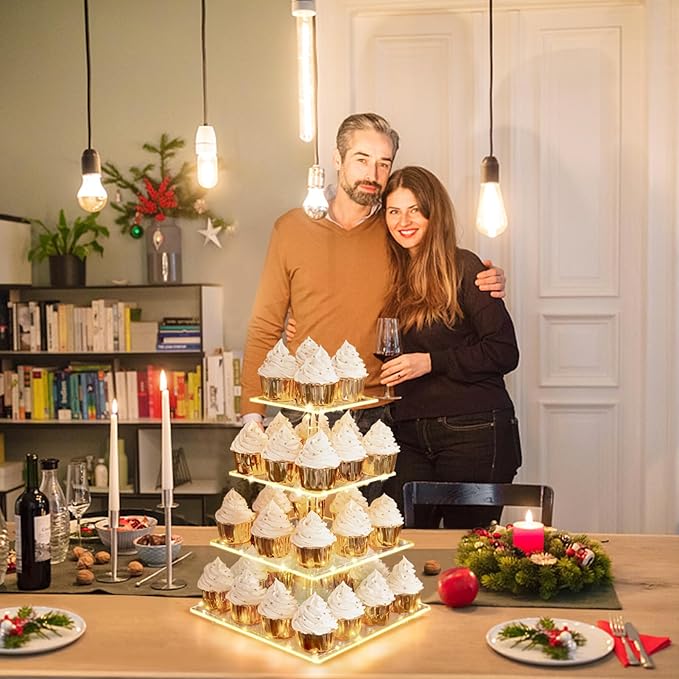 Cupcake Stand, Elegant Cupcake Holder with Brighter Yellow LED String Light, Clear 4-Tier Square Acrylic Cupcake Tower for Wedding, Birthday, Baby Shower, Party