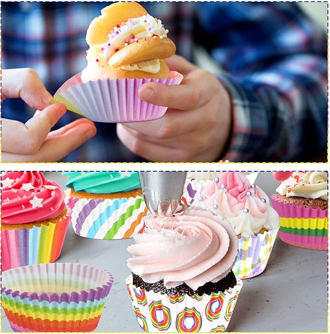 SANNIX 450pcs Rainbow Cupcake Liners, Colorful Baking Cups Cupcake Wrappers Paper Wraps Muffin Liners for Birthday Pride Party Candy Cake Decorations Supplies(9 Designs)