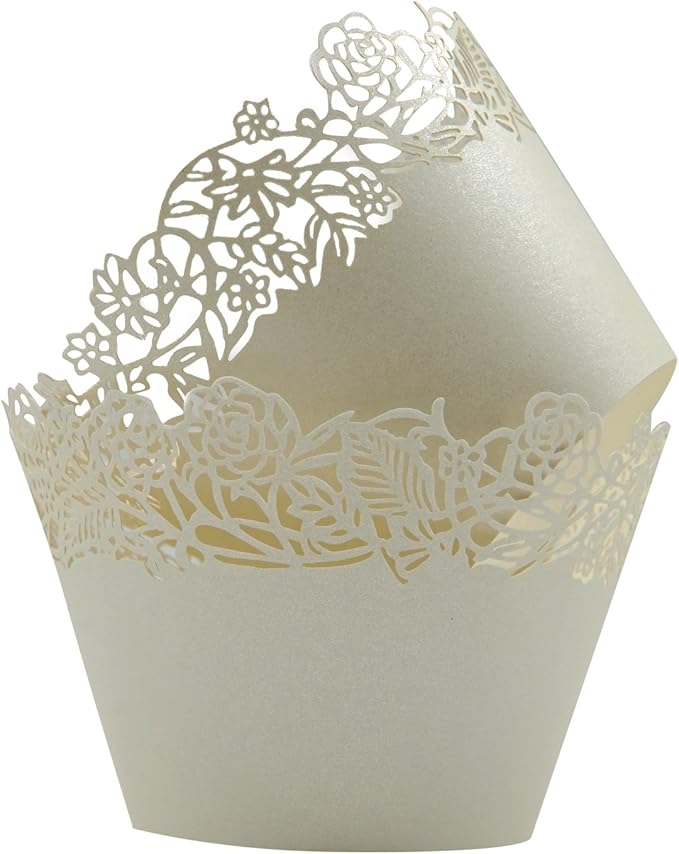 Cupcake Wrappers Pack of 50 Beige Filigree Artistic Bake Cake Paper Cups Little Vine Lace Laser Cut Liner Baking Cup Muffin Case Trays for Wedding Party Birthday Decoration -By KEIVA
