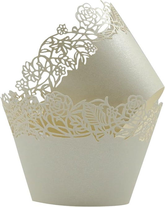 Cupcake Wrappers Pack of 50 Beige Filigree Artistic Bake Cake Paper Cups Little Vine Lace Laser Cut Liner Baking Cup Muffin Case Trays for Wedding Party Birthday Decoration -By KEIVA