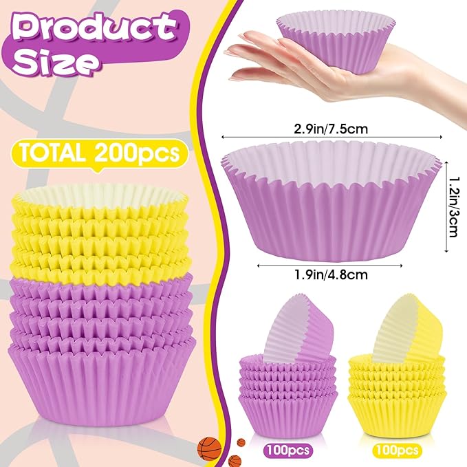 200PCS Purple and Yellow Cupcake Liners Muffin Baking Cups Wrappers for Yellow and Purple Birthday Party Supplies Disposable Pastel Cupcake Papers for Sports Theme Basketball Birthday Party Decoration