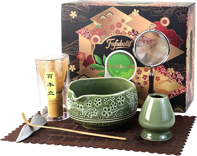 7 Pcs Matcha Whisk Set, Ceremony Matcha Kit with Matcha Bowl, Bamboo Whisk and Holder, Scoop and Scoop Rest, Sifter and Tea Towel, Gift for Matcha Lovers (Green/Cherry Blossom-Patterned 2)