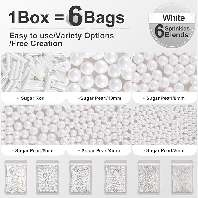 HUEBEATY 7-in-1 White Edible Pearls Sprinkles with Claw Sprinkle Pen – 180g/6.36oz White Cake Sugar Pearls 2mm to 10mm & Sugar Rods for Cake Decorating, Cupcakes, Cookies, Wedding & Valentines Desserts