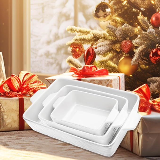 Casserole Dishes for Oven, Ceramic Baking Dishes, Lasagna Pan with Handles, Porcelain Baking Pan Deep, Bakeware for Baking, Cooking, Wedding Gift, Set of 3 (11.6" x 7.8", White)