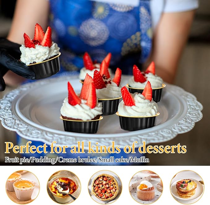 100 Pack 8 oz Disposable Ramekins with Lids, Disposable Ramekin Baking Cups Creme Brulee Ramekin Black Gold Aluminum Foil Cupcake Containers for Wedding Christmas Kitchen Party Graduation
