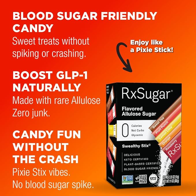 RxSugar Swealthy Stix | 30 Zero Sugar Candy Sticks Packs | Allulose sweetener | 0 Calorie, 0 Net Carbs, 0 Glycemic | Diabetes-Safe | Keto Certified | Non-GMO Project Verified | Gluten-Free Certified | Plant-Based
