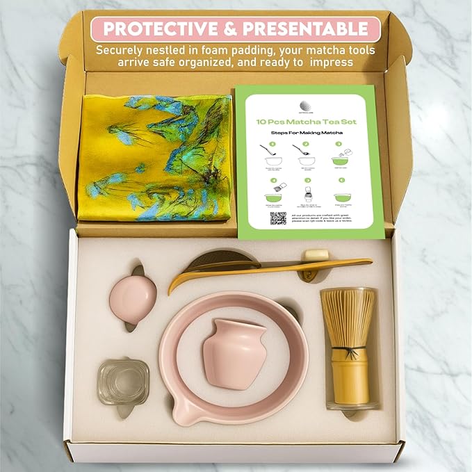 10 Pcs Matcha Kit Set, Ceramic Matcha Set Includes 17oz Matcha Bowl, Bamboo Whisk and Scoop, Whisk Holder, Sifter, Scoop holder, Measuring Cup, Powder Caddy, Tea Towel and Instruction Manual (Pink)
