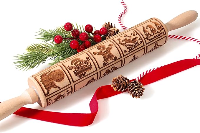 17" Premium Wooden Rolling Pins for Baking with Christmas Embossed Designs | 3mm Deep Springerle Cookie Molds | Christmas Rolling Pin & Baking Gifts for Women | Includes 3-in-1 Cleaning Brush