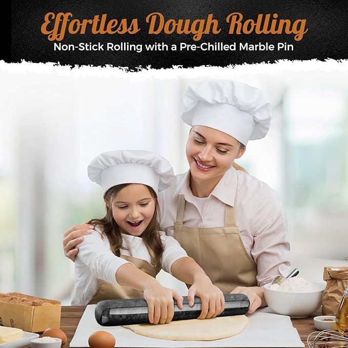 Flexzion Dowel Rolling Pin, 11-inch Black Marble with Wooden Holder Base Stand, Marble Rolling Pin for Baking Pastry Pizza Dough Roller Fondant Cookie Pie Crust Pasta Bakery Roller Pin