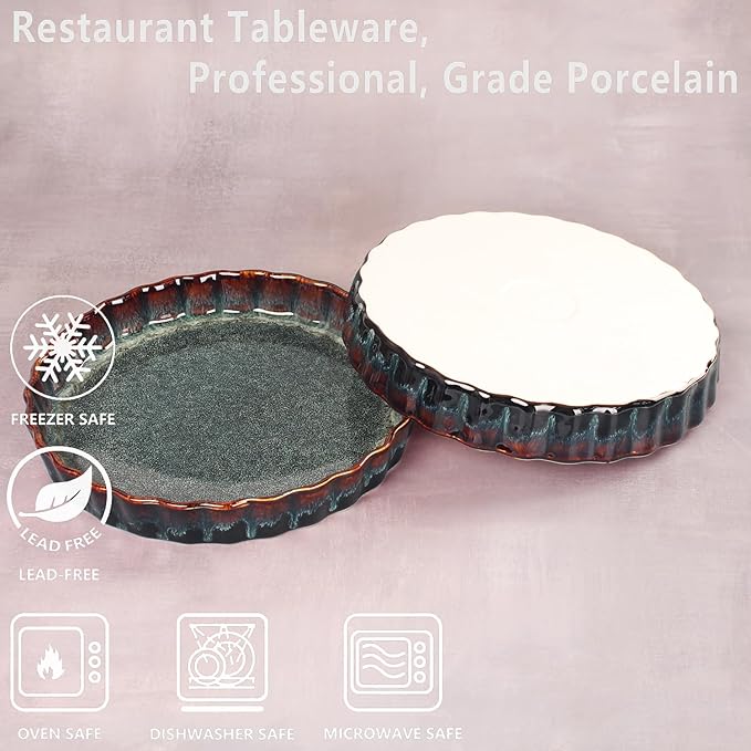Ceramic Pie Pan Quiche Baking Dish, 11 Inch Round Ruffled Edge Au Gratin Baking Dishes, 1.4 Quart Non-Stick Pie Dish, Tart Pan, Pie Plate for Apple, Oven, Dishwasher and Microwave Safe