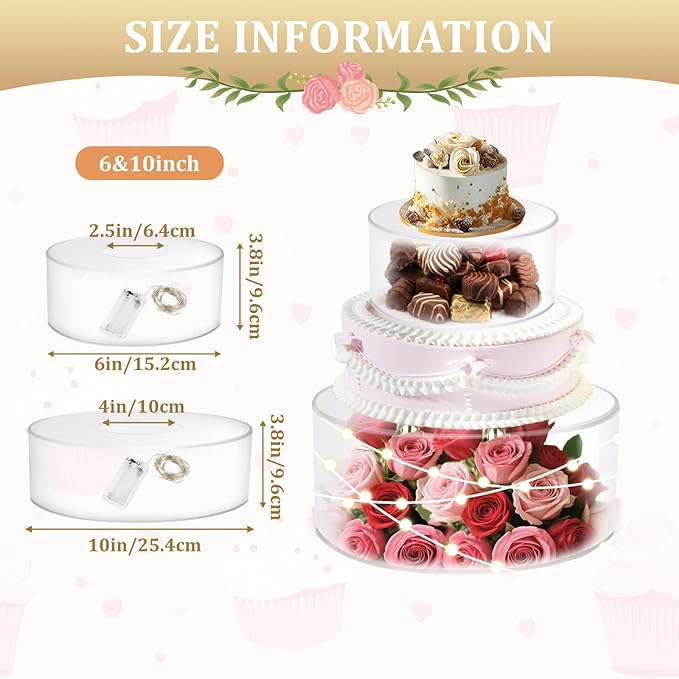 2Pcs Acrylic Cake Display Stand 6'' 10'' Round 2 Tier Clear Cylinder Cake Box for Wedding Birthday Party Decor (6 / 10 Inch)