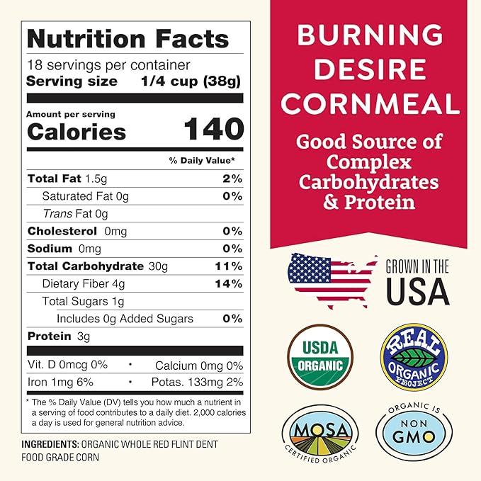 Organic Red Cornmeal Heirloom Red Dent Corn 1.5 lb - USDA Organic, Certified Clean, Non-GMO, Glyphosate Free - Biodynamic & Regeneratively Farmed Ground Cornmeal for Baking, Cornbread, & Tortillas By Doudlah Farms