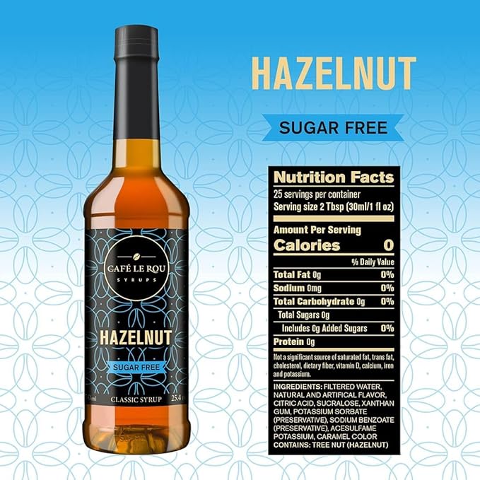 "NEW" Café Le Rou Coffee Syrup Sugar Free Hazelnut, 25.4oz (Pack of 1)*Includes 1 Coffee Syrup Pumps*Cafe Coffee Flavoring Syrup for Coffee, Tea, and Espresso