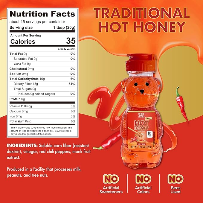 ChocZero Sugar Free Hot Honey, Vegan Spicy Honey Substitute, Keto Friendly, Low Carb, All Natural Red Chili Pepper Infused Sweet & Spicy Sauce, 10.5 oz Bottle
