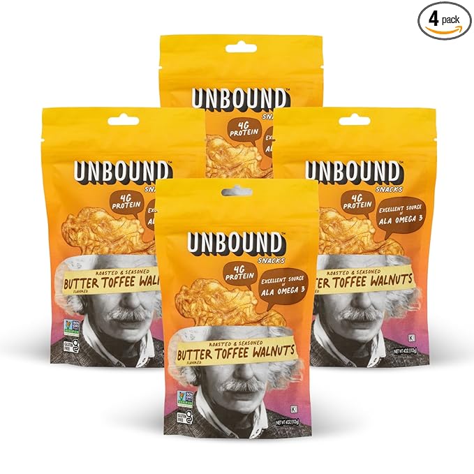 Unbound Snacks Flavored Nuts - Butter Toffee Walnuts, 4 oz (Pack of 4) - Healthy Snacks, 4g Protein, 3g Sugar, High in Omega 3, Gluten Free, Vegan - Freshly Roasted & Seasoned Gourmet Walnut Halves