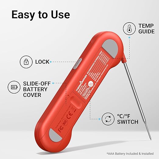 Professional 0.5 Sec Instant Read Meat Thermometer Digital, NIST Certified ±0.5℉ Accuracy, Auto Rotate Large LCD Display, 100% Waterproof Cooking Thermometer for Baking Grill BBQ Smoker Oven, Red