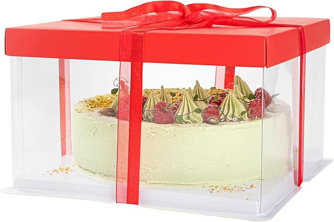 Restaurantware Sweet Vision 10 Inch x 8.25 Inch Transparent Cake Boxes 10 Grease Resistant Base Clear Cake Boxes - Red Lid Red Ribbon Plastic Birthday Cake Boxes For Weddings Or Birthdays