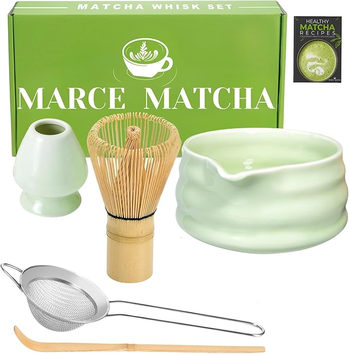 Matcha Whisk Set- Matcha Set includes Matcha Whisk and Bowl with Spout, Sifter, Holder and Scoop- The Perfect Bamboo Whisk for Matcha Tea (Green)