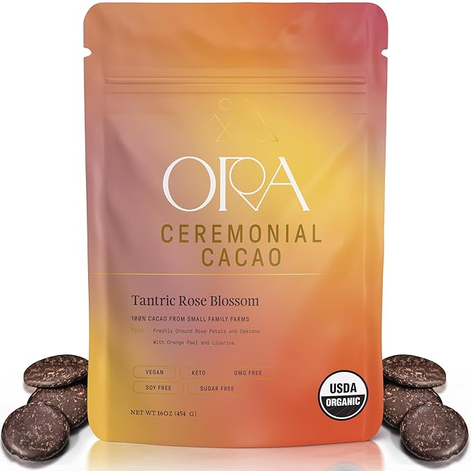 ORA Ceremonial Cacao - Tantric Rose Blossom - Organic 100% Cacao with Rose Petals & Damiana - Ethical - High Flavanol - Unsweetened - Heavy Metals Tested - 16oz