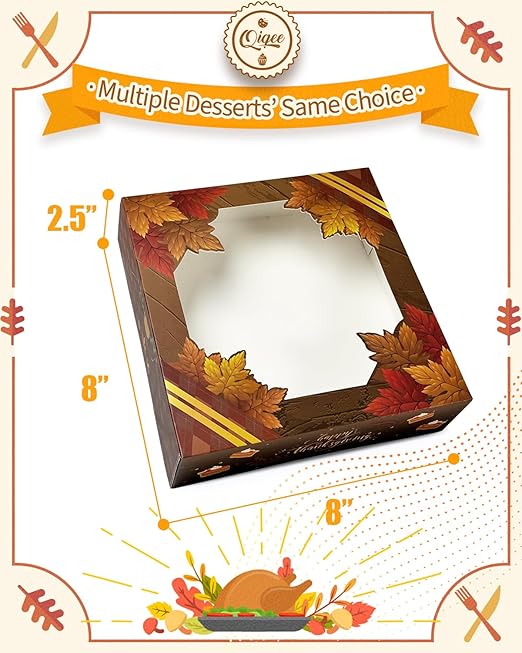 qiqee Thanksgiving Auto-pop up Cookie Boxes with Window 12packs 8x8x2.5 Inch Bakery Box Pastry Box for Thanksgiving