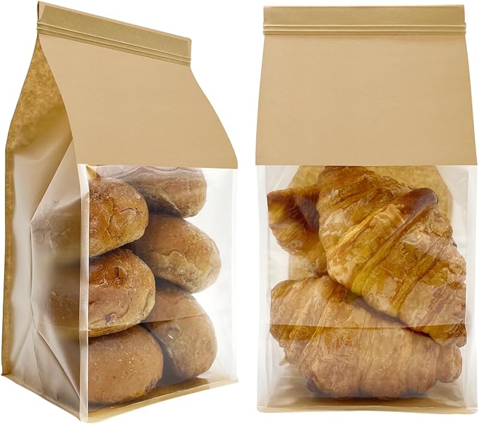 BIUBIU 25ct 5.1x4.3x11inch Thicker Paper Bread Bags for Homemade with Window & Tin Tie Tab Lock - Ideal for Sourdough Bread, Bakery, Baked Goods, Pastry & Cookie Packaging, Brown Kraft, Gift Giving