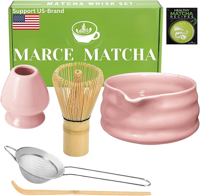 Matcha Whisk Set- Matcha Set includes Matcha Whisk and Bowl with Spout, Sifter, Holder and Scoop- The Perfect Bamboo Whisk for Matcha Tea (Pink)