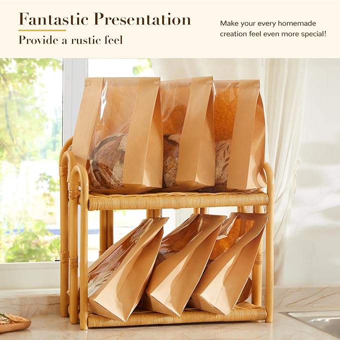 50 Pack Paper Bread Bags with Tabs for Homemade Sourdough, Large Bakery Bags with Window for Sourdough Boule, Bread Loaves, Bagels, Pastries, Baguettes (8.3x3.5×13 Inches)