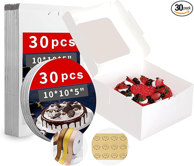 Zzrywuty White 10x10x5 Inches Cake Box with Cake Boards (60Pcs, 30Pcs Boxes and 30Pcs Boards), Bakery Boxes with Clear Window for Cake, Dessert, Cookie, Birthday, Party, Wedding