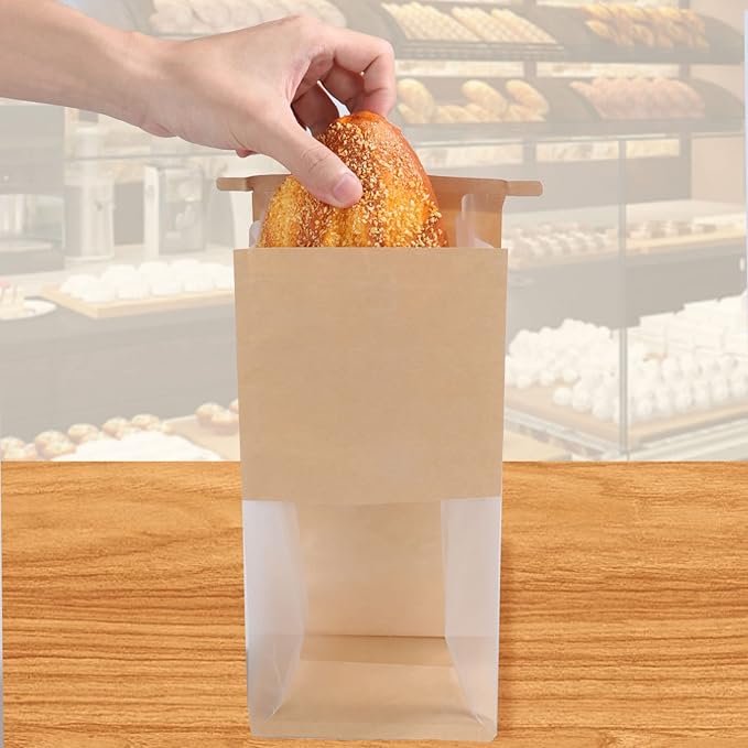 QTLCOHD 100 Pcs Bakery Bags with Window - 5.1 x 4.3 x 11 Inch Tin Tie Tab Lock Small Paper Bread Bags for Homemade Bread, Cookie, Pastry, Loaf, Treat Packaging, Brown