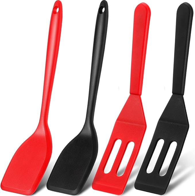 Patelai Mini Silicone Brownie Serving Spatula Flexible Nonstick Serve Turner Heat Resistant Cookie Slotted Spatula for Eggs in Small Frying Pan Cookie Batter Lemon Baked(Black, Red,4 Pieces)