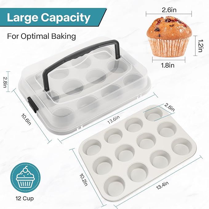 2-Pack Beige Muffin Pan, Non-Stick 12-Cup Cupcake Pan with Lid, Cupcake Pan with Lid and Handle, Perfect for Holidays, Birthdays, and Family Gatherings