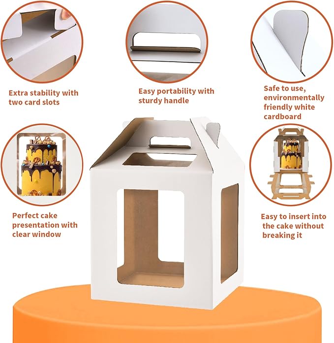Tall Cake Boxes 6 Windows with handle,12x12x12 Tall Cake Carrier, Tiered Cake Box, Square cake box,largeTake Out Transport Containers Ideal for 10" & 12" Tiered Cakes (2Pack-White)