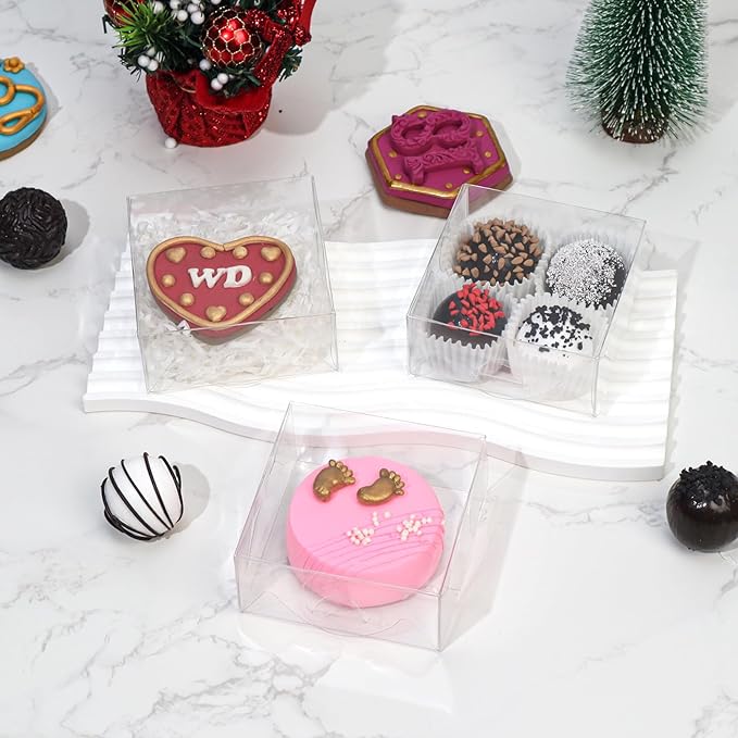 100PCS 3"X3"X1" Clear Mini Donut Boxes & Cookie Boxes - Multi-Purpose for Soap, Chocolate Truffle, Macaron, Chocolate covered Cherries & Mini Bakery & Brownie