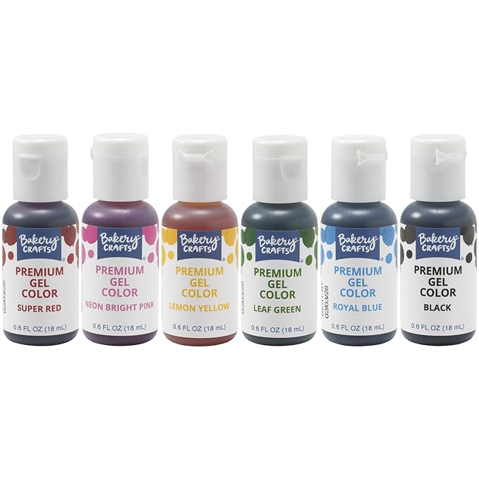 Bakery Crafts Premium Gel Food Color 6 Bottle Assortment, 4.2 Fl Oz, Edible Coloring For Use with Cake Mix, Buttercream, Whipped Icing, Fondant & Piping Gel, Highly Concentrated, Red, Pink, Yellow, Green, Blue, Black - 6 x 0.7FL
