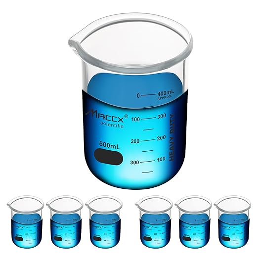 16.9oz(500ml) Sturdy Glass Beaker, 3.3 Borosilicate Griffin Low Form with Printed Graduation, Pack of 6, BKL500-006