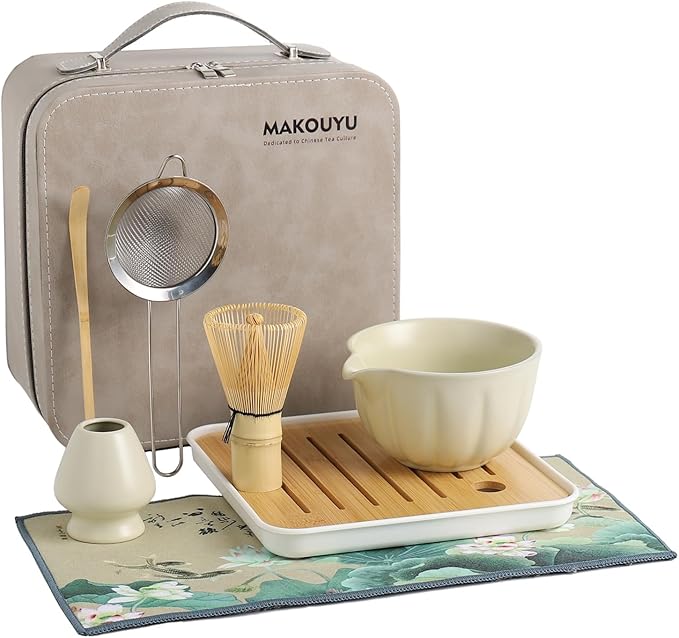 Matcha whisk Set, 8 Pcs Matcha Set with Holder/Scoop/Sifter/Leather Storage Box, 14 OZ,Perfect Matcha Kit for Tea Ceremony,Japanese Tea Making Tools (Beige)