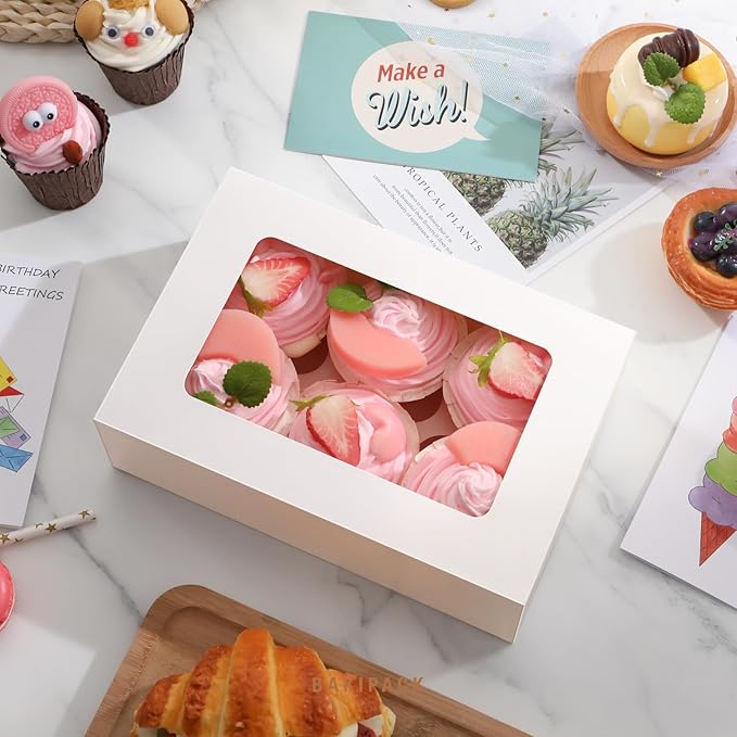 25 Cupcake Boxes, White Cupcake Boxes 6 Count with Window and Inserts, Cupcake Holders for Cupcakes, Muffins, Cookies, Pastries