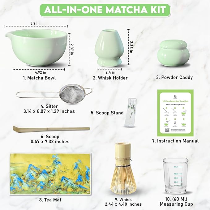 10 Pcs Matcha Kit Set, Ceramic Matcha Set Includes 17oz Matcha Bowl, Bamboo Whisk and Scoop, Whisk Holder, Sifter, Scoop holder, Measuring Cup, Powder Caddy, Tea Towel and Instruction Manual (Green)