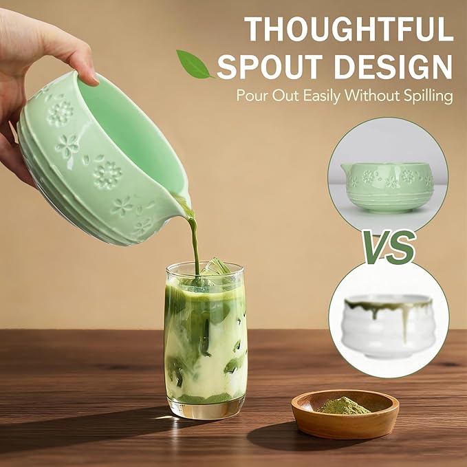 Matcha Whisk Tea Set: Ceramic Bowl with Spout, Bamboo Matcha Whisk & Spoon, Chasen Holder, Scoop Rest, Sifter, 8-Pcs Japanese Matcha Powder Kit–Gift for Ceremony & Matcha Lovers-Mint