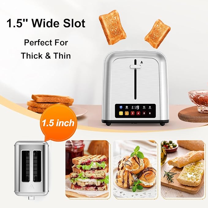 Touch Screen Toaster 2 Slice Retro Stainless Steel,Best Prime 2 Slice Toaster Wide Solt with 6 Shade Settings, Perfect for Waffles, Bagels and More 238TC(Silver)