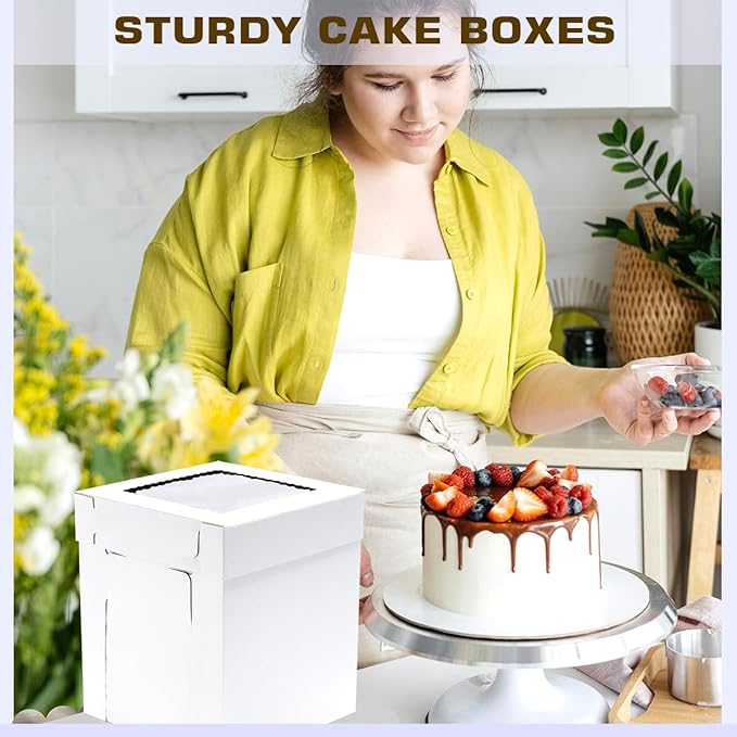 JJO Tall Cake Boxes for Tier Cakes, 6 Pack 10x10x12 Inch,White Cake Boxes with Window,Sturdy Tall Cake Carrier, Disposable Cake Containers