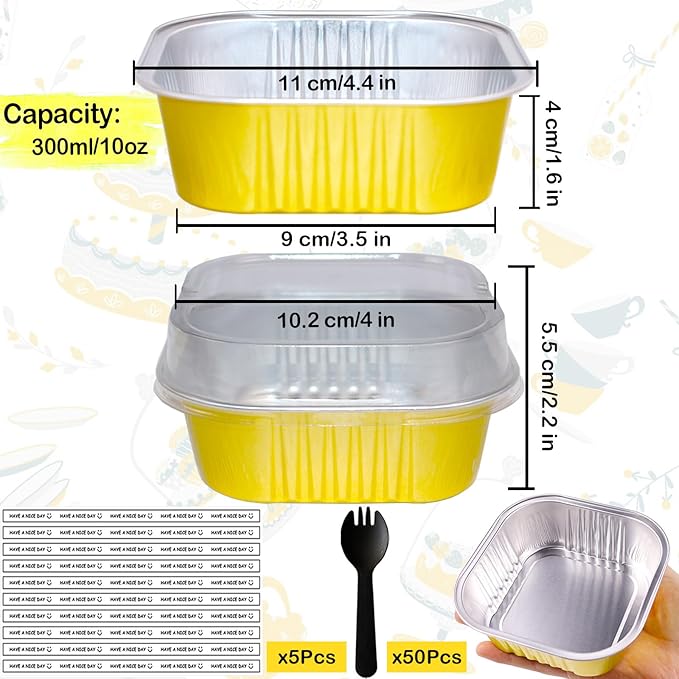 10oz Mini Cake Pans With Lids 50 Pack Aluminum Foil Square Brownie Baking Cups,Disposable Loaf Pans With Lids and Spoons Stickers,Large Cupcake Pans Muffin Tins Cake Container (Gold)