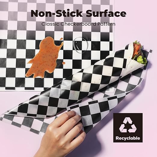 Fit Meal Prep 250 Sheets 12x12" Deli Paper, Black and White Checkered, Grease-Proof Wax Paper for Food Basket, Picnic, Burgers