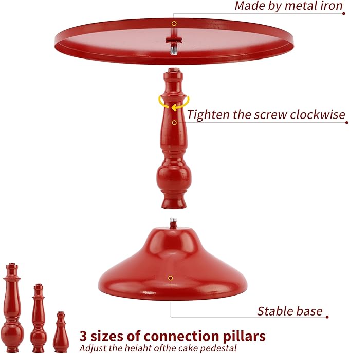 Set of 3 Red Cake Stands, QENUIITEA Metal Round Cake Holder Dessert Pie Pizza Display Stand 8" 10" 12" Serving Tray Decoration for Wedding Celebration Party Birthday Baby Shower