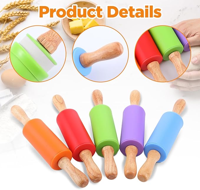 10 Pcs 9 Inch Mini Rolling Pin for Kids, Silicone Wooden Non-Stick Cooking Pins Baking, 5 Colors for Kitchen Dough Cookie Pastry Fondant Cake