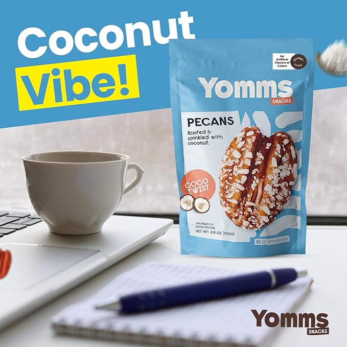 Yomms Coco Twist Pecans Halves – Low Sugar Healthy Dessert Snack | Sweet Coconut & Crunchy Pecan Snack | Lightly Sweetened, Honey Roasted Mixed Nuts | Great for Snacking, Salads - 1.3oz - Pack of 12